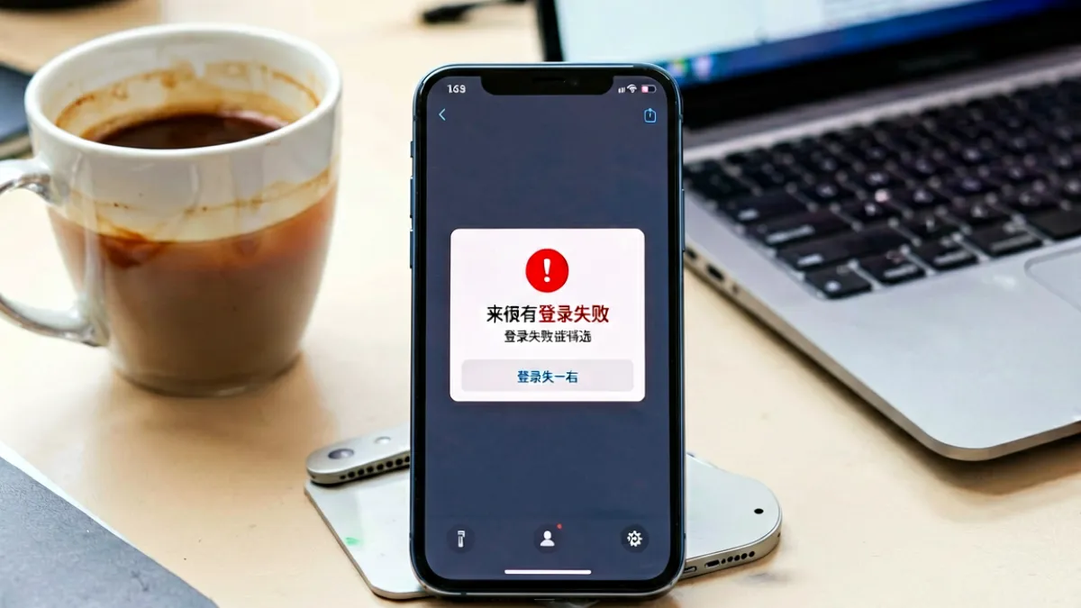 手机屏幕上显示 jinman 登录错误提示弹窗，旁边放着一杯咖啡和一台笔记本电脑，桌面凌乱显示工作状态